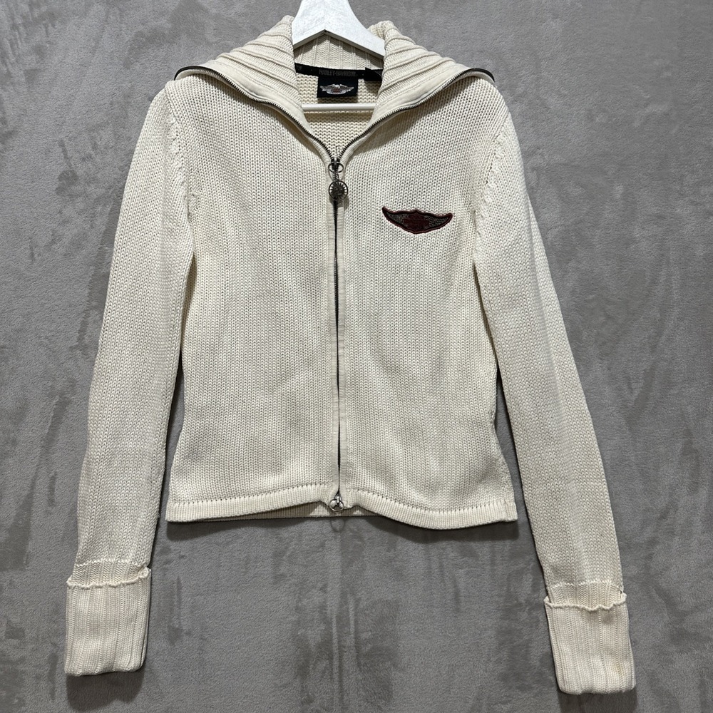 Vintage Harley-Davidson Womens Shawl Sweater Knit Size Medium Cream Cotton